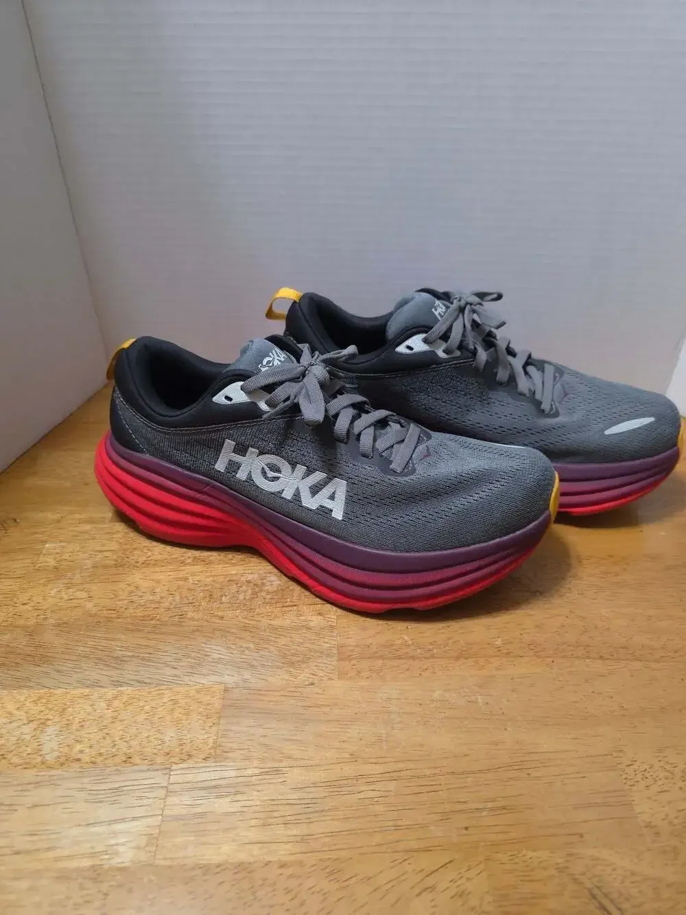 HOKA Bondi 8 Running Shoes Castlerock Strawberry Red Gray